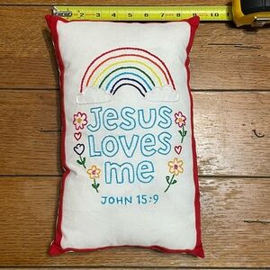 Jesus Loves Me Accent Pillow - White with Rainbow and Red Trim